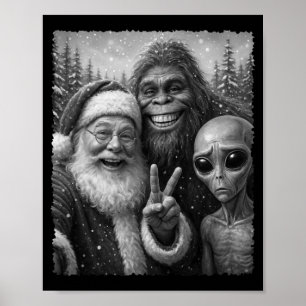 Funny Cat Santa Bigfoot Alien Christmas Selfie Tee Poster