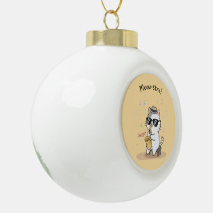 Funny Cat Saxophone Player Jazz Ceramic Ball Christmas Ornament