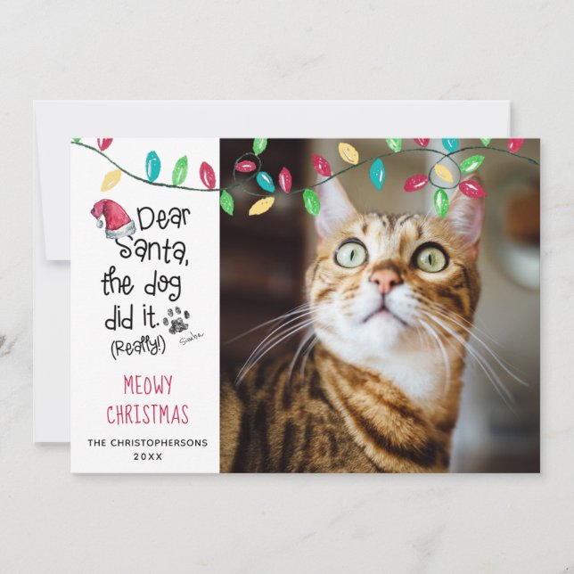 Funny Cat Saying Meowy Christmas Photo Cat Name Holiday Card (Front)