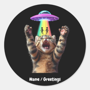 Funny Cat Selfie Alien UFO Hilarious Customisable Classic Round Sticker