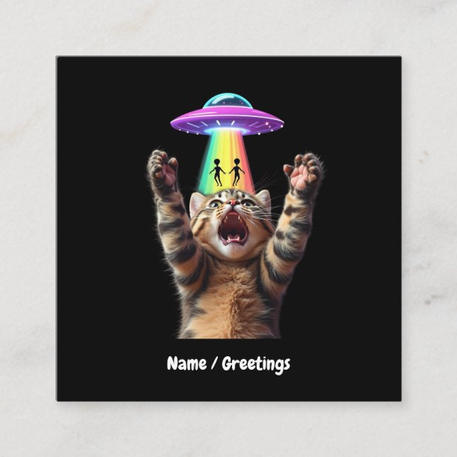 Funny Cat Selfie Alien UFO Hilarious Customisable Square Business Card (Front)