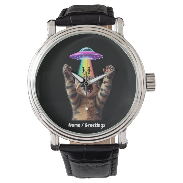 Funny Cat Selfie Alien UFO Hilarious Customisable Watch (Front)