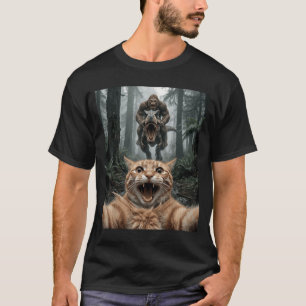 Funny Cat Selfie Bigfoot Riding T Rex Forest Chase T-Shirt