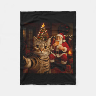 Funny Cat Selfie Santa Claus Eating Cookies Christ Fleece Blanket