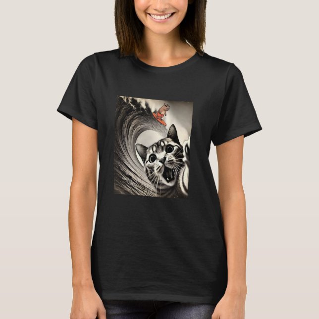 Funny Cat Selfie Tidal Wave Surfing Capybara Surfe T-Shirt (Front)