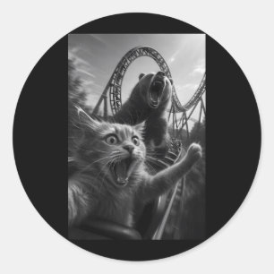 Funny Cat Selfie Top With Bear Roller Coaster Classic Round Sticker