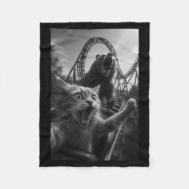 Funny Cat Selfie Top With Bear Roller Coaster Fleece Blanket (Front)
