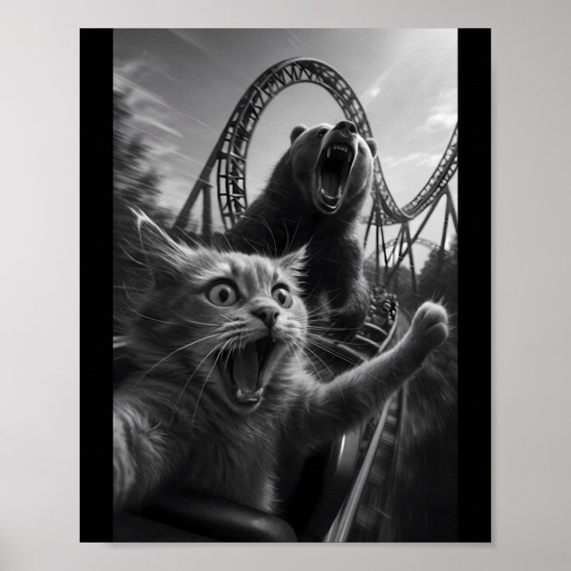 Funny Cat Selfie Top With Bear Roller Coaster Poster (Front)