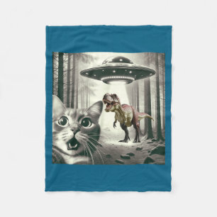 Funny Cat Selfie With Alien Ufo And T-rex Dinosaur Fleece Blanket