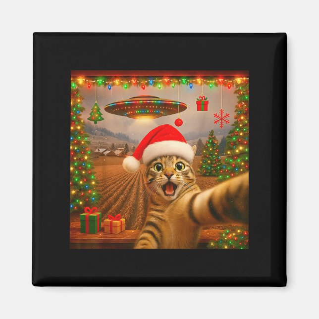 Funny Cat Selfie With Alien Ufo Christmas Lights S Magnet (Front)