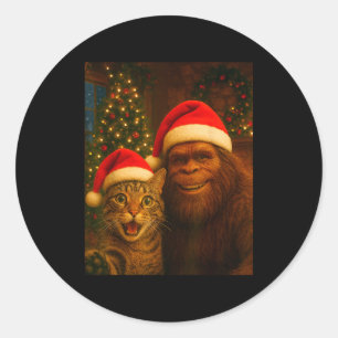 Funny Cat Selfie With Bigfoot Christmas Sasquatch  Classic Round Sticker