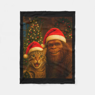 Funny Cat Selfie With Bigfoot Christmas Sasquatch  Fleece Blanket
