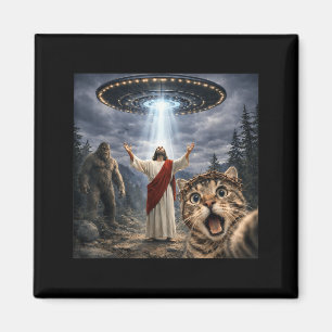 Funny Cat Selfie with Bigfoot UFO and Jesus Easter Magnet