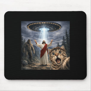 Funny Cat Selfie with Bigfoot UFO and Jesus Easter Mouse Pad