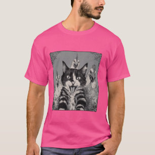 Funny Cat Selfie With Chickens Humourous Pet Cat L T-Shirt