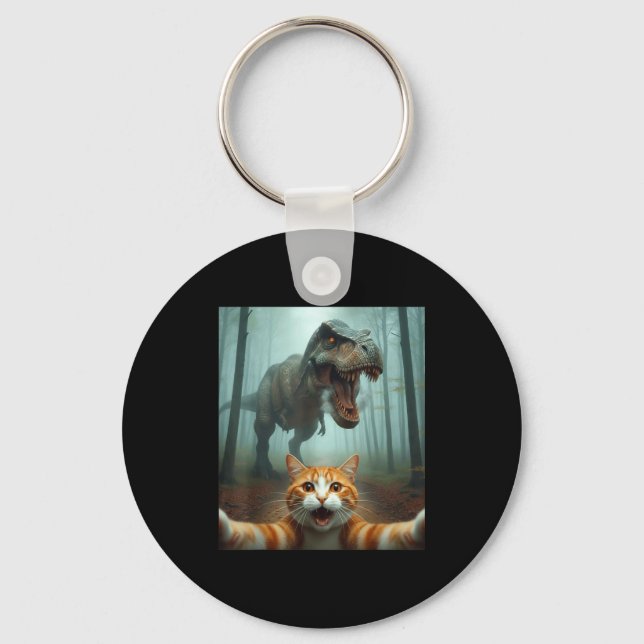 Funny Cat Selfie With Dinosaur Graphic For Men Wom Key Ring (Front)