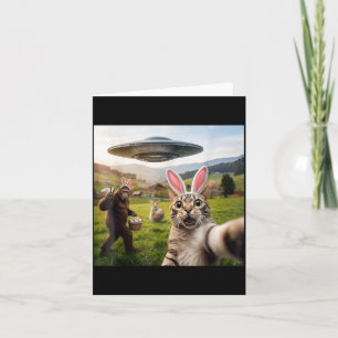 Funny Cat Selfie with Easter Bunny Bigfoot UFO for Card