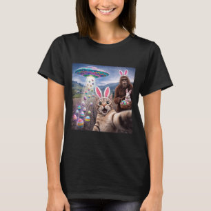 Funny Cat Selfie with Easter Bunny Bigfoot UFO for T-Shirt