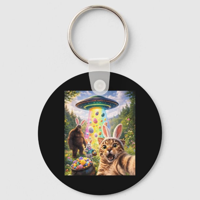 Funny Cat Selfie with Easter Bunny Ears Bigfoot Key Ring (Front)