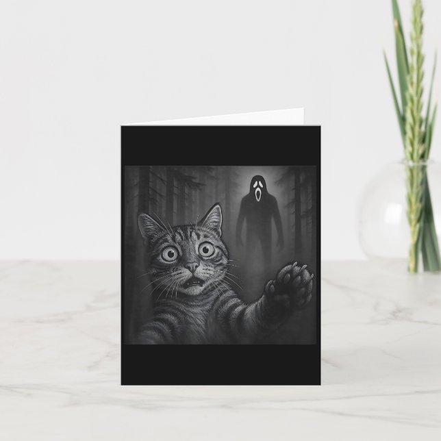 Funny Cat Selfie With Ghost Halloween Scared Creep Card (Front)