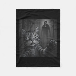 Funny Cat Selfie With Ghost Halloween Scared Creep Fleece Blanket