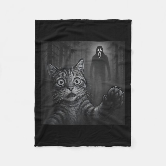 Funny Cat Selfie With Ghost Halloween Scared Creep Fleece Blanket (Front)