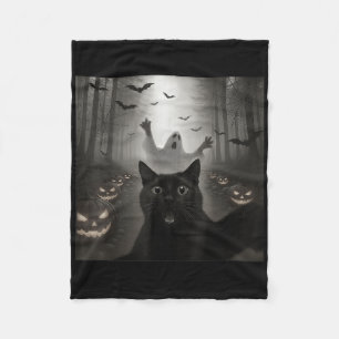 Funny Cat Selfie With Ghost Spooky Halloween Costu Fleece Blanket