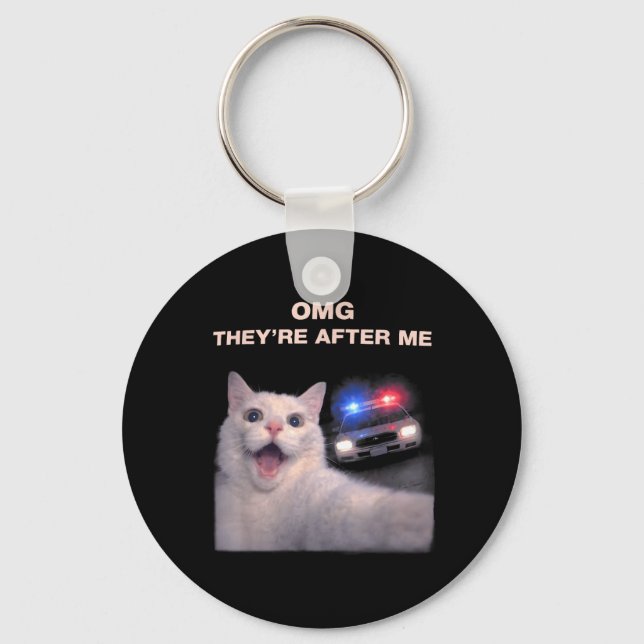Funny Cat Selfie with Police Style Meme Graphic Key Ring (Front)
