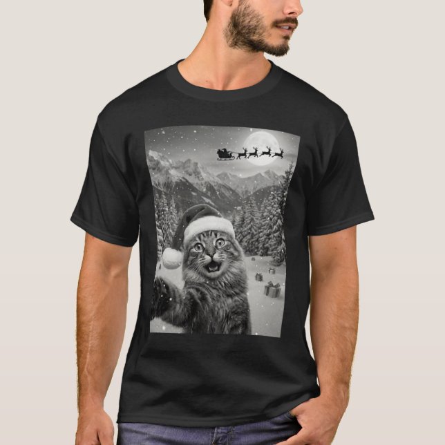 Funny Cat Selfie with Santa Christmas Catmas T-Shirt (Front)