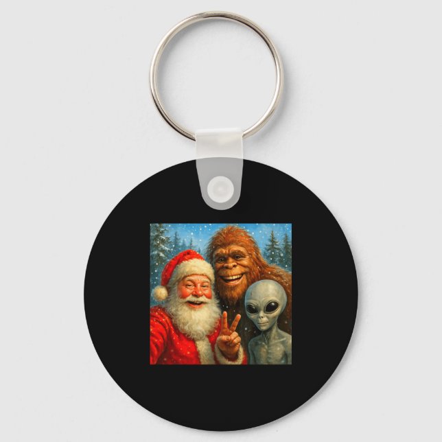 Funny Cat Selfie With Santa Claus &amp; Bigfoot Me Key Ring (Front)