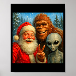 Funny Cat Selfie With Santa Claus & Bigfoot Me Poster