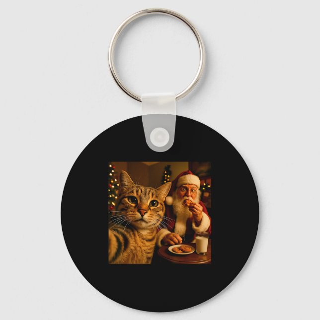 Funny Cat Selfie With Santa Claus Christmas Meme  Key Ring (Front)