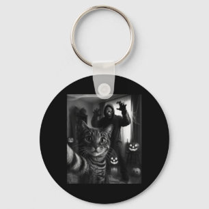 Funny Cat Selfie With Skeleton Scary Halloween Key Ring