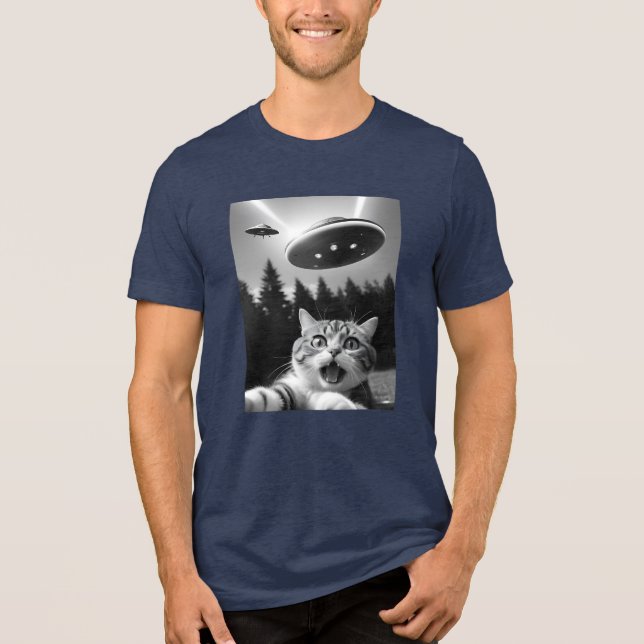  Funny Cat Selfie with UFO Alien Drones Tri-Blend Shirt (Front)
