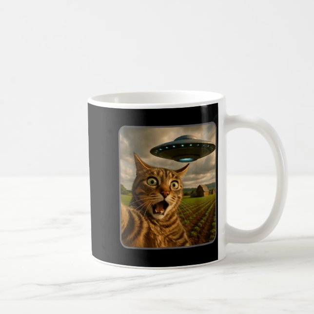 Funny Cat Selfie With Ufo Alien Meme  Coffee Mug (Right)