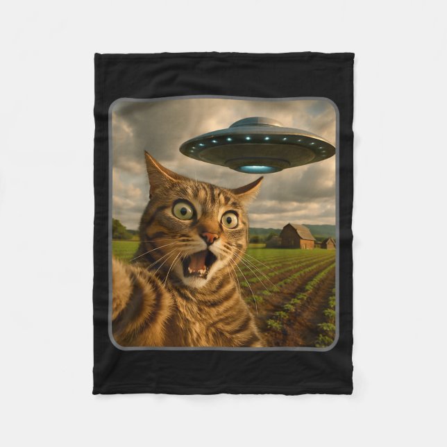 Funny Cat Selfie With Ufo Alien Meme  Fleece Blanket (Front)