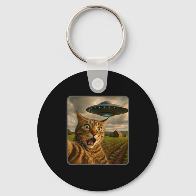 Funny Cat Selfie With Ufo Alien Meme  Key Ring (Front)