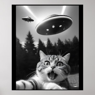  Funny Cat Selfie with UFO Alien Poster