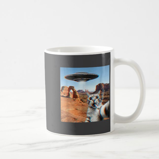 Funny Cat Selfie With Ufo And Cigarette  Coffee Mug (Right)