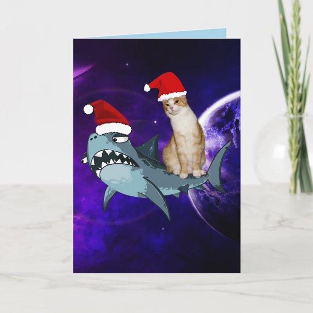 FUNNY CAT & SHARK IN SPACE CHRISTMAS CARDS (Front)
