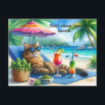 Funny Cat Slogan Kitty at Beach  Postcard<br><div class="desc">This funny postcard was created for cat lovers. The digital watercolor image features a tabby cat stretched out at the beach and feline fine.  The slogan "Don’t stress,  just stretch.” can be personalised to make it your own.   (AI artwork created by Susang6)</div>