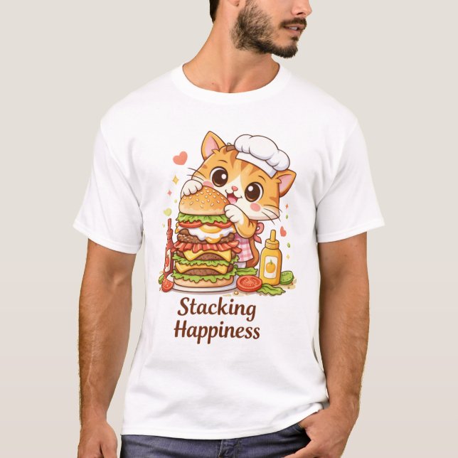 🍔 Funny Cat Stacking Burger – Cute Cooking T-Shirt (Front)