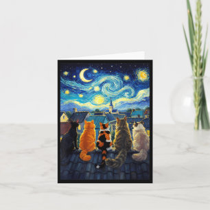 Funny Cat Starry Night Van Gogh Style Rooftop Card