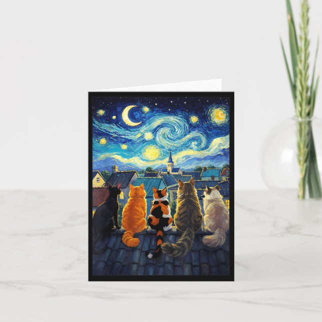 Funny Cat Starry Night Van Gogh Style Rooftop Card (Front)