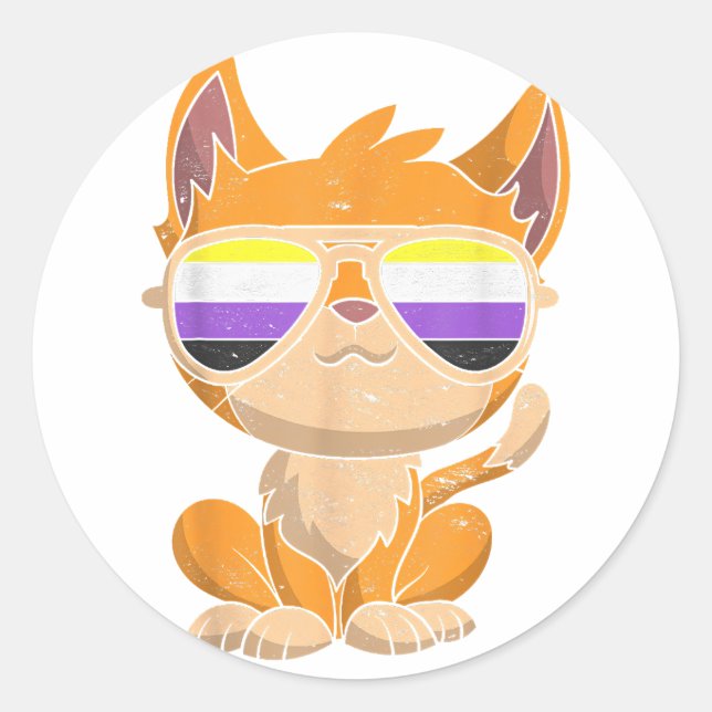 Funny Cat Sunglasses Non Binary Flag LGBT Pride No Classic Round Sticker (Front)