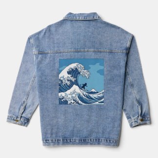 Funny Cat Surfing Great Wave Off Kanagawa - Japane Denim Jacket