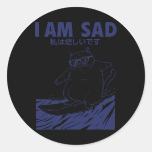 Funny Cat Surfing I Am Sad Classic Round Sticker