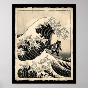 Funny Cat Surfing Japanese Art Kitten Anime Poster