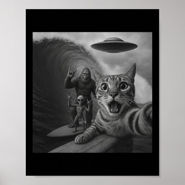 Funny Cat Surfing Selfie With Ufo Giant Wave Alien Poster (Front)