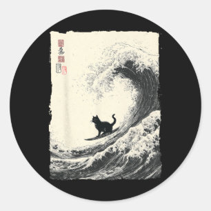 Funny Cat Surfing The Great Wave Japanese Ukiyo-e Classic Round Sticker